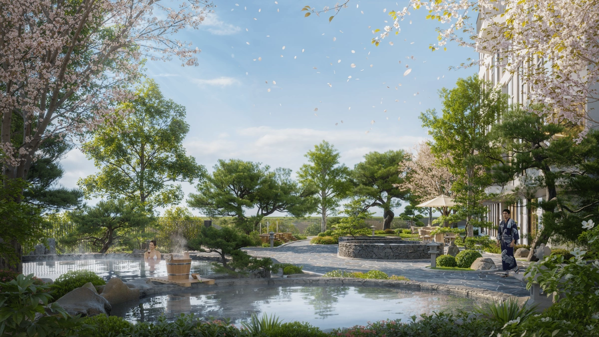 Bể tắm khoáng nóng ngoài trời tại Forest Onsen với cảnh quan cây xanh, hoa anh đào phong cách Nhật Bản
