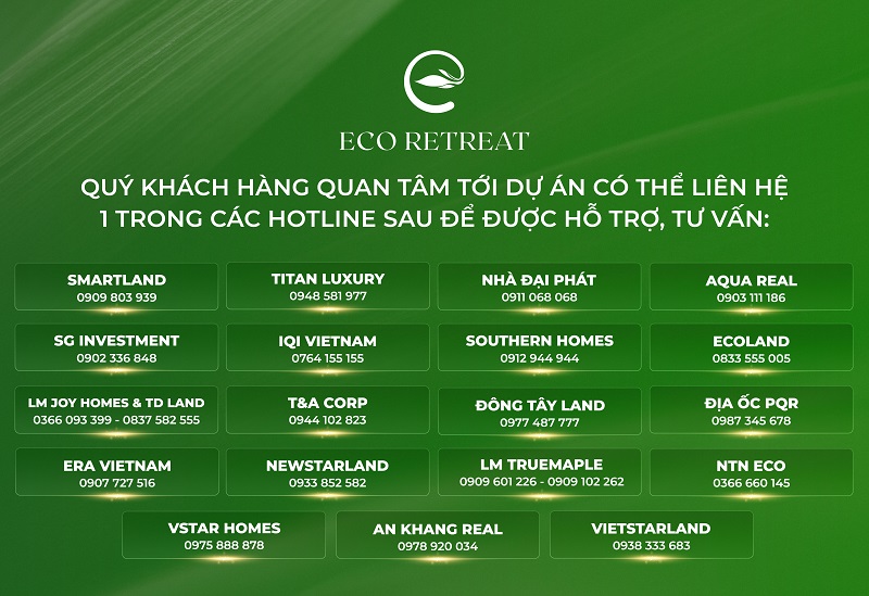Danh sách đại lý tư vấn chính thức dự án Eco Retreat và Forest Onsen