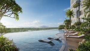 Hồ bơi vô cực điện phân muối tại Forest Onsen nhìn ra không gian xanh xung quanh