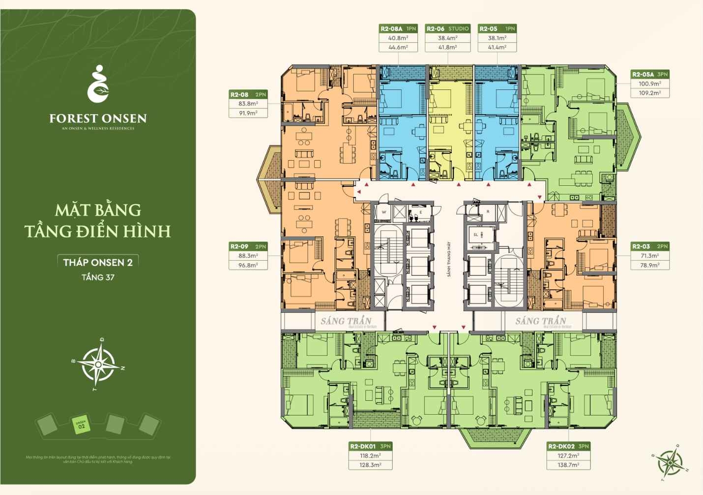 Mặt bằng layout tầng 37 tháp Onsen 2 căn hộ Forest Onsen với 9 mã căn