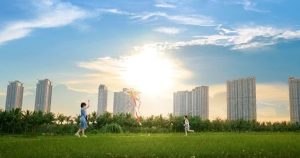 Người dân thả diều trên bãi cỏ xanh, phía xa là các tòa nhà cao tầng trong khu đô thị Ecopark