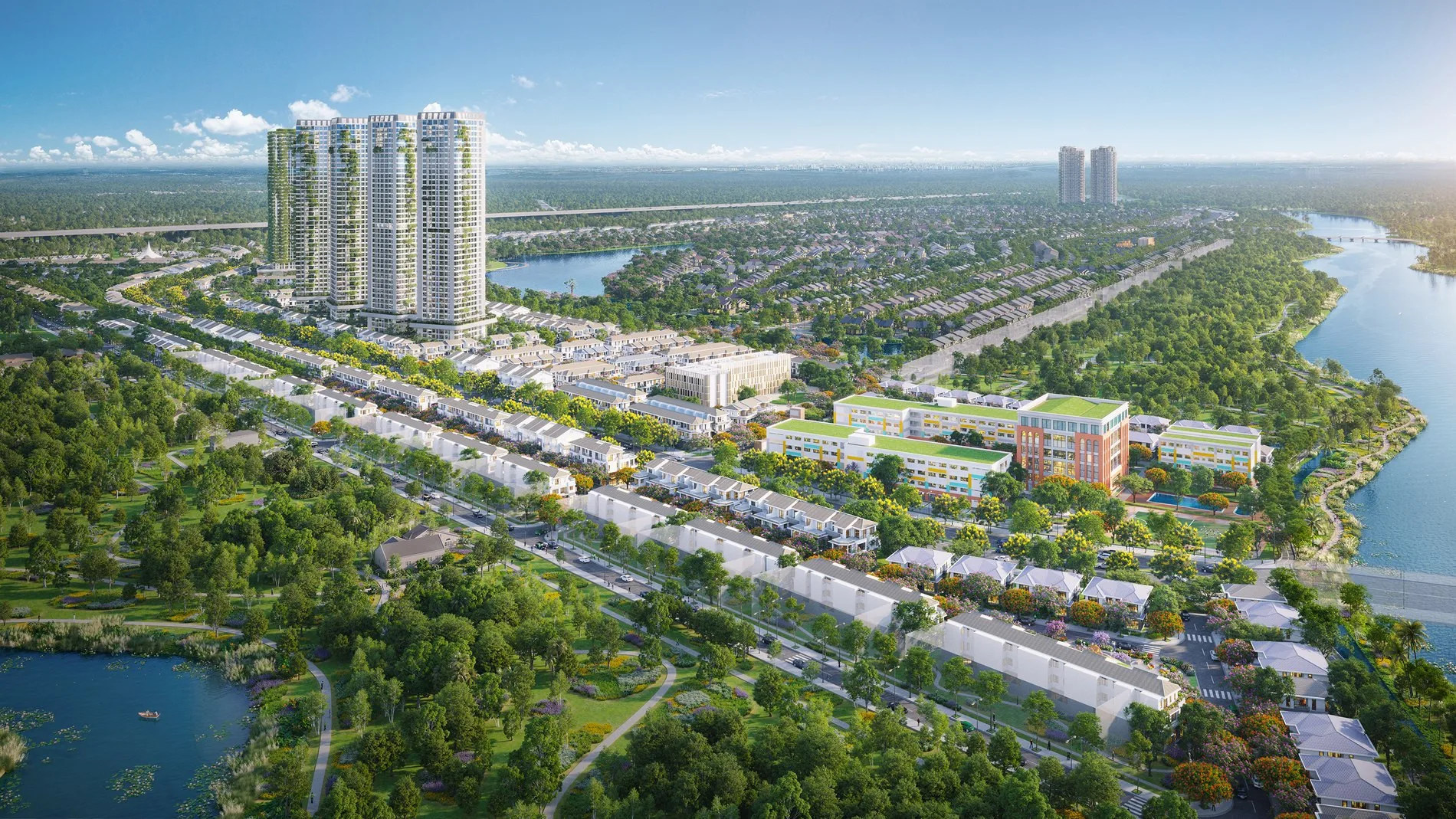 Toàn cảnh đô thị Eco Retreat nhìn từ trên cao với hồ nước và mảng xanh