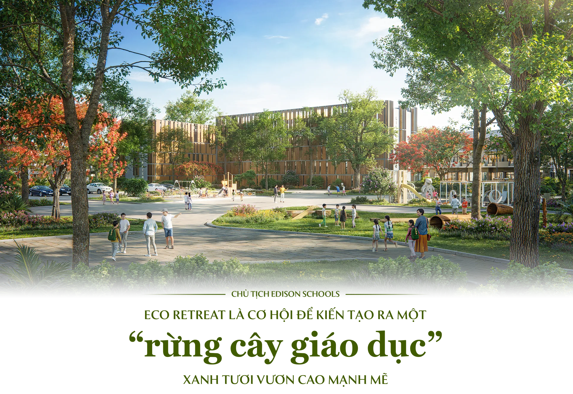 Không gian sân chơi trẻ em trong khuôn viên trường Edison Schools nhiều cây xanh