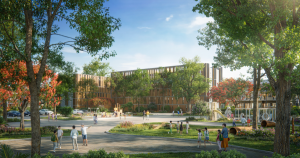 Phối cảnh khuôn viên trường học Edison Schools với sân chơi và cây xanh bao quanh