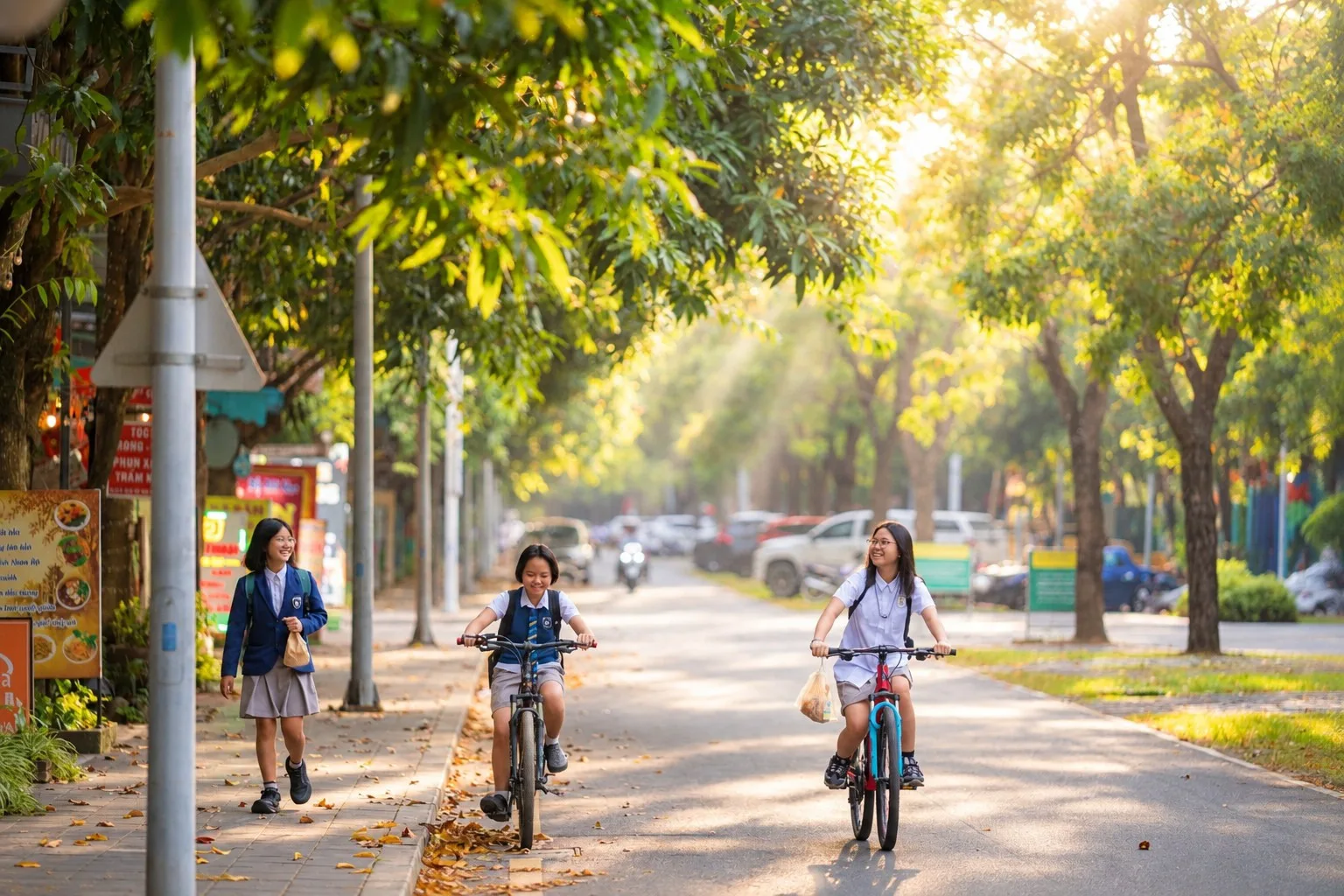 Học sinh đạp xe đến trường trên tuyến đường rợp nắng trong khu đô thị Ecopark