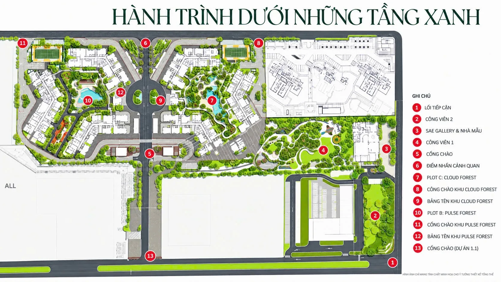 Mặt bằng cảnh quan tổng thể mang tên Hành trình dưới những tầng xanh của dự án